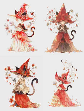 通透柔和治愈水彩绘本风格，全身肖像，纯白背景，居中构图，可爱幼态小女巫，黑色猫耳与渐变尾巴，红色彼岸花瓣尖顶帽与层叠长裙，手持镶嵌水晶球魔杖，身旁飞舞半透彼岸花脉蝴蝶与花瓣，柔和弥散光，软质线条，细腻纹理，ip角色设计，温暖治愈，低饱和度柔和色调。