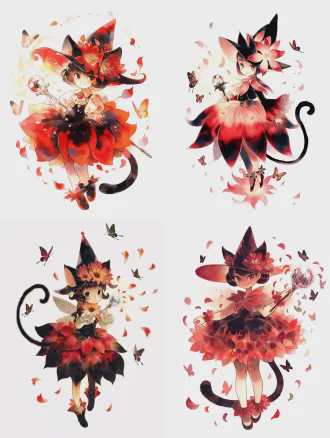 极致细节8k超高清，通透柔和治愈水彩绘本风格，纯白背景居中构图，幼态小魔女全身像，黑色猫耳猫尾，红黑渐变彼岸花裙与尖顶花瓣帽，手持水晶球魔杖，散发柔和漫射光，面带柔软自信微笑，周围漂浮半透花瓣与蝴蝶，温暖治愈氛围，柔和生动色彩，完美解剖，锐利聚焦。