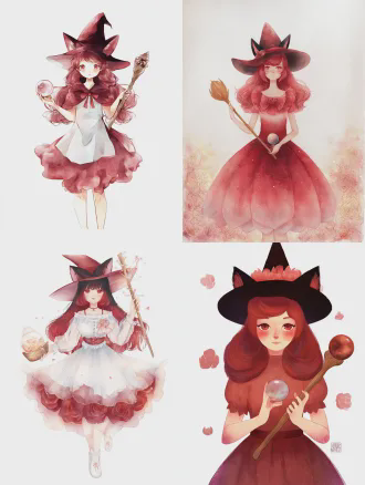 全身肖像，居中构图，1:1画幅，纯白背景，通透柔和治愈水彩绘本风格，软萌稚感魔法少女，黑色猫耳与渐变红发，深红彼岸花瓣魔女帽与裙装，手持木质魔杖与水晶球，散发温暖治愈氛围，柔光，柔焦，细腻纹理，低饱和度温柔色彩，ip角色设计，完整全身，稳定结构，无变形，锐利焦点，柔和线条