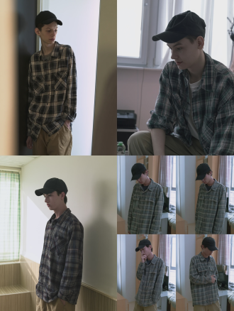 真人实拍风格，19岁左右男大学生，身高170cm，偏瘦身材，戴黑色鸭舌帽，穿格子衬衫和卡其色裤子，表情腼腆，话不多，大学宿舍背景，自然光，4k分辨率，电影质感