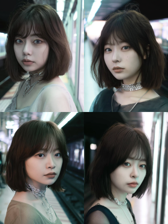 画面主核：短发少女停在地铁站台，半回头望向画外，神情克制疏离。 正面提示词： 年轻东亚女性，圆润鹅蛋脸，脸部线条柔和饱满，大圆眼搭配明显卧蚕，小巧圆润鼻头，饱满唇形，皮肤白皙通透，齐耳深棕色波波头，齐刘海，发丝蓬松有空气感。停在地铁站台边缘，半回头望向画外，表情清冷克制。中近景，眼平机位，16:9 画幅，自然景深。站台冷白荧光灯为侧方主光源，暗部保留层次。冷灰环境为主色，暖肤色为辅色，色调克制低饱和。arri alexa 数字电影机响应，柔和高光滚降，干净暗部层次，轻微画面颗粒。 负面提示词： 尖脸，高鼻梁，夸张表情，正面摆拍，多余道具，背景抢戏，五官变形，过度磨皮