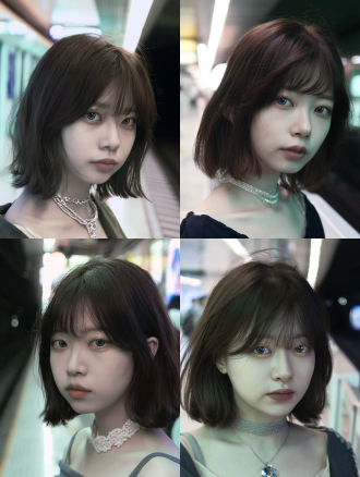 画面主核：短发少女停在地铁站台，半回头望向画外，神情克制疏离。 正面提示词： 年轻东亚女性，圆润鹅蛋脸，脸部线条柔和饱满，大圆眼搭配明显卧蚕，小巧圆润鼻头，饱满唇形，皮肤白皙通透，齐耳深棕色波波头，齐刘海，发丝蓬松有空气感。停在地铁站台边缘，半回头望向画外，表情清冷克制。中近景，眼平机位，16:9 画幅，自然景深。站台冷白荧光灯为侧方主光源，暗部保留层次。冷灰环境为主色，暖肤色为辅色，色调克制低饱和。arri alexa 数字电影机响应，柔和高光滚降，干净暗部层次，轻微画面颗粒。 负面提示词： 尖脸，高鼻梁，夸张表情，正面摆拍，多余道具，背景抢戏，五官变形，过度磨皮