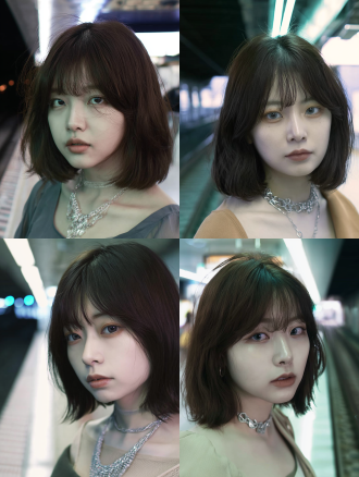 画面主核：短发少女停在地铁站台，半回头望向画外，神情克制疏离。 正面提示词： 年轻东亚女性，圆润鹅蛋脸，脸部线条柔和饱满，大圆眼搭配明显卧蚕，小巧圆润鼻头，饱满唇形，皮肤白皙通透，齐耳深棕色波波头，齐刘海，发丝蓬松有空气感。停在地铁站台边缘，半回头望向画外，表情清冷克制。中近景，眼平机位，16:9 画幅，自然景深。站台冷白荧光灯为侧方主光源，暗部保留层次。冷灰环境为主色，暖肤色为辅色，色调克制低饱和。arri alexa 数字电影机响应，柔和高光滚降，干净暗部层次，轻微画面颗粒。 负面提示词： 尖脸，高鼻梁，夸张表情，正面摆拍，多余道具，背景抢戏，五官变形，过度磨皮