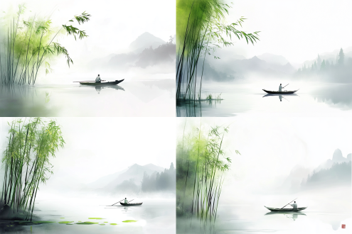 水粉绘画，左侧一丛青竹，右侧朦胧山水，一叶扁舟，船夫撑船，禅意风格，淡雅色调，柔和笔触，留白构图，水墨渲染，细腻纹理，宁静氛围，远山淡影，虚实结合，宁静致远，古典意境，轻雾缭绕，恬淡自然，文人画风，含蓄内敛，意境深远。