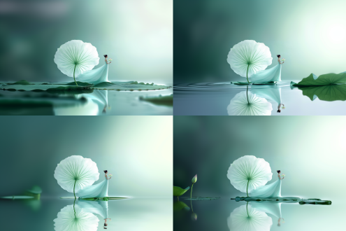 淡绿色中式长裙女子，撑巨大半透明荷叶，淡雅色调，纯色背景渐变淡绿，空灵唯美，低饱和度，柔光，中焦距，浅景深，静态优雅，轻盈飘逸，古典气质，细腻质感，淡雅妆容，自然光线，极简构图，清新氛围