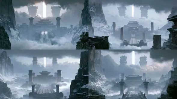 东方仙侠宏伟神殿，建在云海雪山之巅，巨大中式古宫殿群，重檐楼阁，两侧矗立巨型石柱，一条漫长宽阔的上古大道从画面底部直通主殿，道路两侧山石覆着残雪，云雾翻涌弥漫山谷，背景是巍峨陡峭的巨型通天中式高塔，两个高塔中部有一道垂直的明亮光柱冲天而起，高塔整体为中式阁楼，分为两个塔，高塔直通天际，厚重阴沉的云层，宏大史诗感，电影级宽画幅，8k 超高清，写实 3d 渲染，虚幻引擎 5，大气磅礴，冷色调，灰蓝主色，氛围肃穆苍凉，远景景深，体积雾，光影层次丰富，细节精致，宏大场景概念艺术