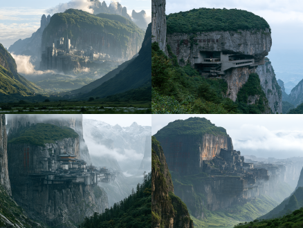 巨构建筑群，风光摄影，中国西北地区的大山里。贵州地区的山区。高耸入云的山峰，峭壁，，一座气势恢宏水泥建筑群镶嵌在峭壁之中，80年代中国建筑风格，隐藏在大山深处的军事用途的研究机构，简单的几何外观，不奢华不华丽却让人记忆犹新，。孤独的巨型建筑群，四周被山体包裹。山顶绿植丰富。暗红色具有时代感的标语刻在山体上，整个建筑物绵延不绝向远处，宛如一尊雕刻在山体上的威严的巨兽，神秘感，灰色主体与峭壁融为一体，。整个建筑物占据了整个视野范围，，震撼感。需要用仰望视角，感受建筑群的宏大，