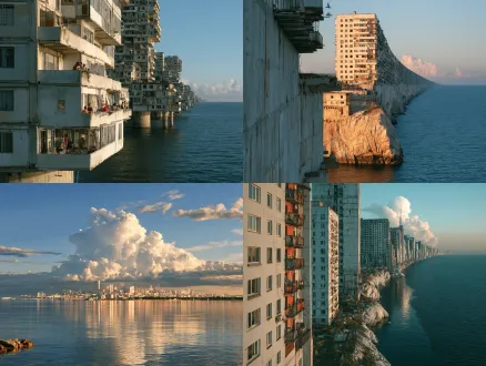 巨构画风，巨构艺术。前苏联时代暴力美学建筑风格，平静的海面。广角镜头，建立在大海中的巨型建筑群，社区，居民楼，上千层楼层堆叠在一起，高耸入云，横向绵延几百公里，看不到尽头，人类建筑设计史上的杰出作品，地球人造奇迹，水泥建筑群，现代化的新式住宅，公寓阳台伸出楼体。有人生活，每一层都有数不尽的房间。仿佛一堵墙，由无数公寓房间组成的巨墙，蓝天白云。平静海面，整个画面给人的感觉是比较美好的，没有因为建筑物得压迫感产生恐惧，而是一种震撼，