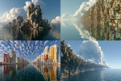 巨构画风，巨构艺术。前苏联时代暴力美学建筑风格，平静的海面。广角镜头，建立在大海中的巨型建筑群，社区，居民楼，上千层楼层堆叠在一起，高耸入云，横向绵延几百公里，看不到尽头，人类建筑设计史上的杰出作品，地球人造奇迹，水泥建筑群，现代化的新式住宅，公寓阳台伸出楼体。有人生活，每一层都有数不尽的房间。仿佛一堵墙，由无数公寓房间组成的巨墙，蓝天白云。平静海面，整个画面给人的感觉是比较美好的，没有因为建筑物得压迫感产生恐惧，而是一种震撼，广角镜头，全景，无人机空中视角，