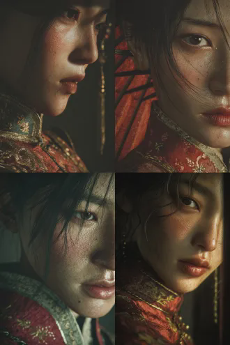 生成一个中国古代美女，近景，半身像，在楼阁室内，真实皮肤质感，暖光从侧方斜撒，空气中有微尘雾感，弥散的暗部晕染，丝绸的垂坠，刺绣的针脚，神态宿命感，使用ue5渲染和梦核美学。