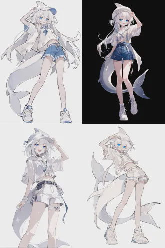白鳍豚帽子，白发蓝眼美少女，现代小清新穿搭，文艺少女，白鳍豚尾巴，短裤，双腿，尾巴和腿分开长，摸帽子，微微弯腰微笑。动漫画风，漫画画风，美少女。二次元游戏夏日皮肤感。立绘风格，动态感，冲击力的构图