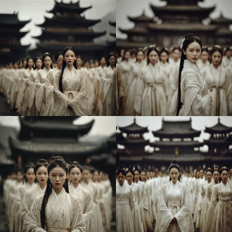 "亚洲女性传统白色服饰，长发，严肃表情，古代多层木结构建筑，黑色屋顶，背景虚化，柔和光线，写实风格，广角镜头，浅景深，慢快门，庄严肃穆，暖色调，人群白色服饰，统一方向站立，对称构图，宫廷寺庙场景，典雅氛围，高分辨率"