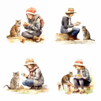 水彩画风格：a tabby cat crouches on the ground, while the female owner is feeding it with a cat treat. the tabby cat is six months old and slightly thin. in a hurry, it stands up and extends its front legs towards the cat treat. the female owner is dressed in autumn attire, wearing a hat, and sitting on a small square wooden stool, holding the cat treat in her hand. the cat is in front of the owner, eyeing her directly. the scene is in front of a window, with a slightly backlit feel. the scene is in warm tones, creating a cozy and beautiful atmosphere.