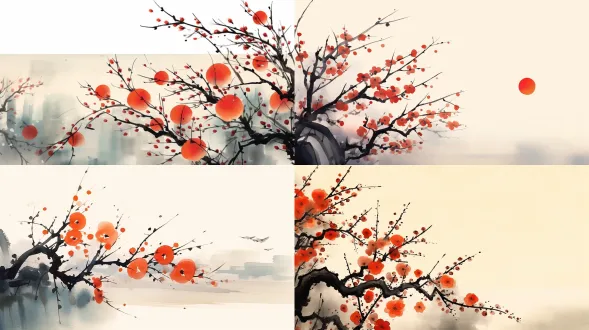 水墨画风格红柿子枝头，大面积留白，细腻笔触，淡雅色调，中式美学，宣纸纹理，自然光影，静态构图，柔和阴影，传统意境，宁静氛围，墨色渐变，吴冠中式写意，极简构图，暖色点缀，工笔细节，含蓄情感，虚实相生，留白意境，宣纸质感。 分享 删除 工笔画, 画面中间是一只蜷缩成一团、黑白相间、正在睡觉的奶牛猫，占据画面大概１０％的面积，顶视图。猫的周边是围绕着它飞翔的２０－３０只各种各样的蝴蝶，每种蝴蝶只有一只。蝴蝶有大有小，有远有近。背景是金色的。国画工笔重彩风格。