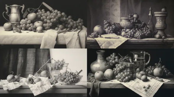 一幅纯铅笔素描的静物画，以央美考试美术作品的水准呈现，在丰富褶皱布上摆放的一组不锈钢金属器皿，大卫石膏头像、玻璃器皿与葡萄等各种水果的组合，物体摆放疏密有致形成均衡构图，画面具有丰富的灰度层次，手绘线条与调子精细入微，着重对不锈钢金属器皿进行光影特写，整体画面呈现精致的明暗关系，展现其独特的质感与光泽。共生演化