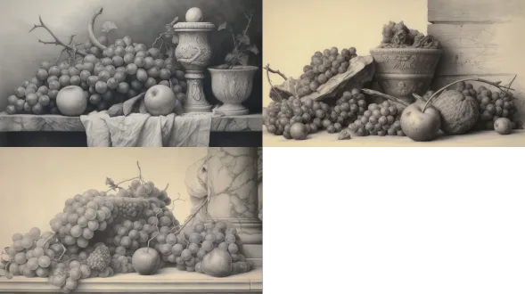 纯铅笔素描的静物画，以央美考试美术作品的水准呈现，在丰富褶皱布上摆放的一组由大卫石膏头像与葡萄等各种水果的组合，物体摆放疏密有致形成均衡构图，画面具有丰富的灰度层次，素描手绘线条与调子精细入微，整体画面呈现精致的明暗关系，展现其独特的质感与光泽。