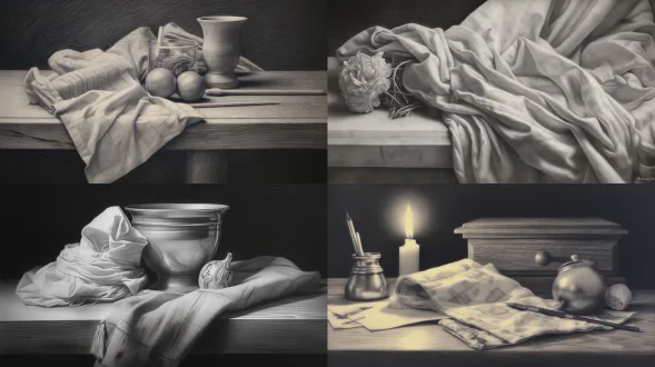 纯铅笔素描的静物画，以央美考试美术作品的水准呈现，在丰富褶皱布上摆放一个大卫石膏头像，画面具有丰富的灰度层次，素描手绘线条与调子精细入微，整体画面呈现精致的明暗关系，展现其独特的质感与光泽。