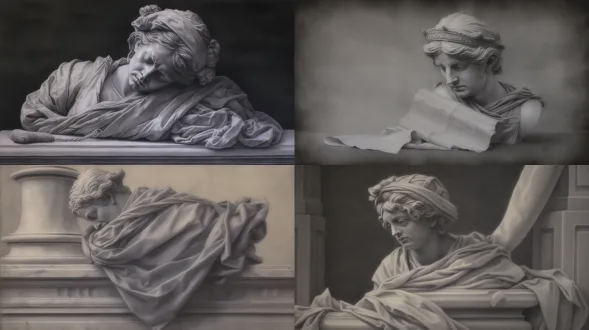 纯铅笔素描的静物画，以央美考试美术作品的水准呈现：一个大卫石膏头像摆在在丰富褶皱布上，画面具有丰富的灰度层次，纯素描手绘线条与调子精细入微，整体画面呈现精致的明暗关系，展现其独特的质感与光泽。