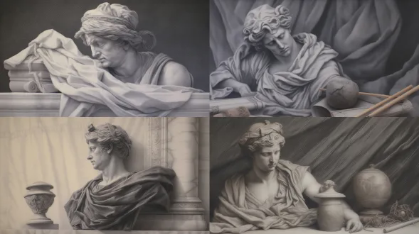 纯铅笔素描的静物画，一个大卫石膏头像摆在在丰富褶皱布上，画面具有丰富的灰度层次，纯素描手绘线条。