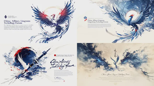 设计一个“国航凌云技术论坛”的logo。结合论坛介绍：“凤凰今随凌云志，科技涅槃向新航”，本论坛以“智汇前沿，翼展深蓝”为核心导向，秉持技术赋能、交流创新的初心，聚焦业界前沿，结合国航软开实际，通过线上研讨+文档沉淀模式，汇聚行业智慧、凝聚技术力量，助力个人与团队技术能力提升，推动国航软开事业向深向远发展。可以书法体结合科技感进行logo设计