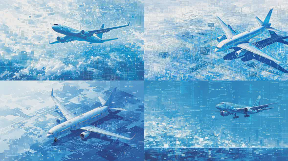 高大上的封面图，抽象元素为主，突出研发元素。蓝色调为主。主体内容是航空软件devops能力体系，可以有蓝色科技未来的感觉，画面主体是一架数字构成的飞机，占据画面30%左右的面积