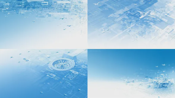 高大上的封面图，抽象元素为主，突出研发元素。蓝白色渐变调为主。主体内容是航空软件devops能力体系，可以有ai科技未来的感觉，画面可有一些矢量的小飞机点缀