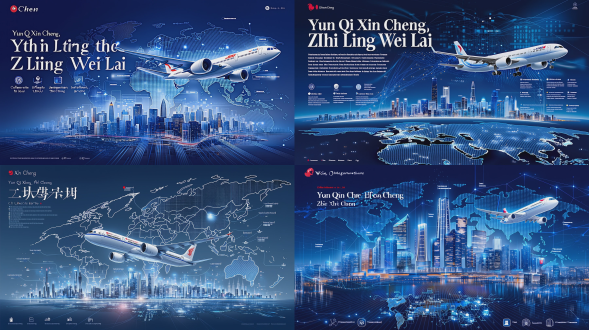 masterpiece, 8k ultra-detailed, photorealistic, corporate poster for air china, blue tech background, air china logo in the top left corner, slogan "云启新程 智领未来" in large white chinese characters, a modern air china airplane on the right side, glowing cloud computing servers, digital city skyline in the background, glowing data lines, global network map at the bottom, icons for "协同聚力" "整合上云" "智能驱动" below the text, clean and professional business style, no watermarks, no text errors, cinematic lighting, high contrast, deep blue color palette
