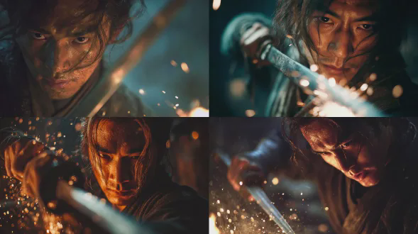 close-up, swordsman forging sword, sparks flying on his face, determined eyes, dark forge, cinematic lighting, wuxia,