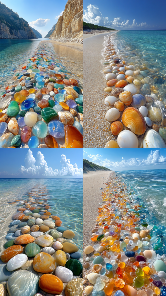 数万亿颗多彩的、玉质的、形状不规则的、大大小小的鹅卵石堆成的鹅卵石滩上，撒满了多彩的、晶莹剔透的，形状各异的贝壳，还有大块的玉石翡翠与鹅卵石夹杂在一起，海浪一排排地涌过来，淹没了贝壳和鹅卵石滩，超逼真，超现实，超唯美，没有山，去掉山，海天相接，海里有一排排的浪，海水覆盖了贝壳和鹅卵石，贝壳和鹅卵石在水下布灵布灵地闪光。8米厚的贝壳鹅卵石滩延伸到海水深处，看不到一点沙滩和泥土的影子，没有沙滩和泥土，也没有山和岸，只有蓝天白云、海浪、贝壳鹅卵石滩