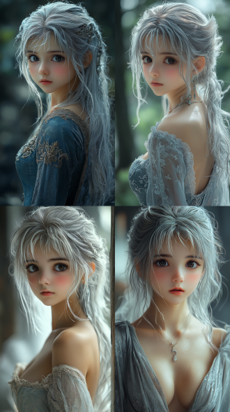 银月女王转身，银色长发如瀑，狼耳微动，仙侠古风长裙华丽飘逸，眼神清冷威严，月光下，森林背景，浅色调，柔光，中长焦镜头，低角度拍摄，慢动作，微风拂动，高贵气质，神秘感，冷色调，细节精致，丝绸质感，气场强大