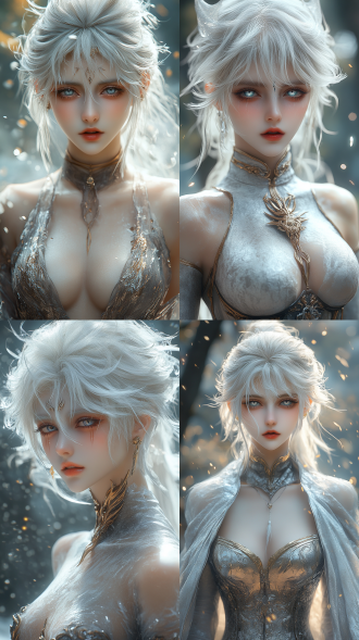 女王银月战斗形态，轻甲闪耀，银色短发飞扬，眼神锐利，幻术分身残影，灵魂能量波凝聚，动态战斗场景，破碎玻璃特效，冷色调，高速快门，广角镜头，侧逆光，高对比度，能量爆发，凌厉气势，未来奇幻风格，金属质感，炫光效果，力量感，震撼画面。