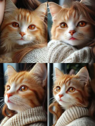 extreme close-up on a fluffy ginger tabby cat with vibrant amber eyes, nestled in the woman's beige sweater. every strand of fur is detailed and glowing in the soft morning light. eyes closed in contentment, shallow depth of field, photorealistic, ultra-detailed.