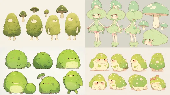 character design sheet of the moss creature and mushroom, front view / side view / 3-4 back view, clean light gray background, full body, soft studio lighting, felted moss texture detail, cute kawaii ip mascot style, vector-like crisp outlines —ar 16:9 —niji 6