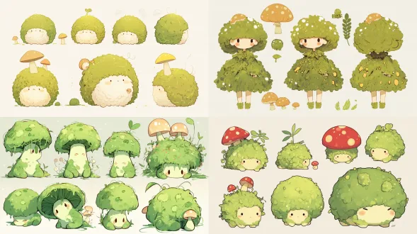 character design sheet of the moss creature and mushroom, front view / side view / 3-4 back view, clean light gray background, full body, soft studio lighting, felted moss texture detail, cute kawaii ip mascot style, vector-like crisp outlines —ar 16:9 —niji 6
