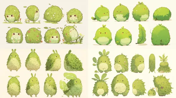 character design sheet of the moss creature , front view / side view / 3-4 back view, clean light gray background, full body, soft studio lighting, felted moss texture detail, cute kawaii ip mascot style, vector-like crisp outlines —ar 16:9 —niji 6
