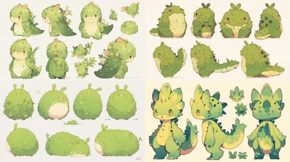 character design sheet of the moss creature , front view / side view / 3-4 back view, clean light gray background, full body, soft studio lighting, felted moss texture detail, cute kawaii ip mascot style, vector-like crisp outlines —ar 16:9 —niji 6