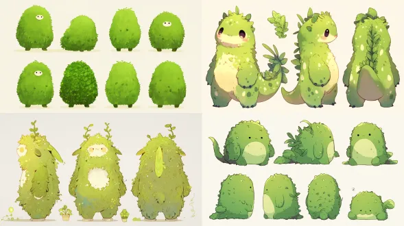 character design sheet of the moss creature , front view / side view / 3-4 back view, clean light gray background, full body, soft studio lighting, felted moss texture detail, cute kawaii ip mascot style, vector-like crisp outlines —ar 16:9 —niji 6