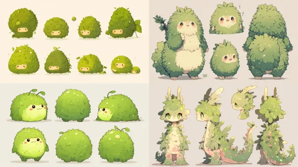 character design sheet of the moss creature , front view / side view / 3-4 back view, clean light gray background, full body, soft studio lighting, felted moss texture detail, cute kawaii ip mascot style, vector-like crisp outlines —ar 16:9 —niji 6