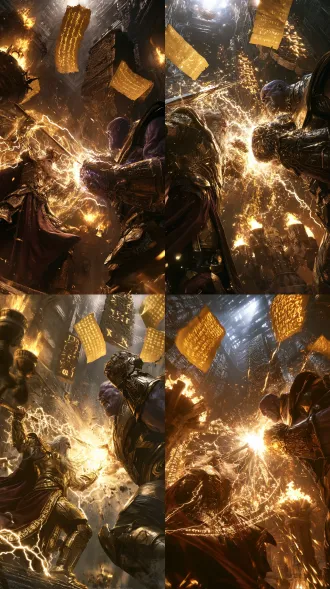 english prompt (optimized for midjourney / stable diffusion) epic battle wallpaper, only two characters: odin and thanos, face-to-face fierce duel inside a towering grand norse mythological stone temple, low-angle shot, extreme sense of oppression and epic fate confrontation. odin, the allfather, one-eyed, with long flowing white beard, wearing gilded heavy armor and deep crimson floor-length cape, holding gungnir the eternal spear, bursting with brilliant golden odinforce and lightning, surrounded by glowing ancient norse runes. opposite him is the massive muscular thanos, purple skin, wearing heavy dark gold battle armor, left hand wearing the infinity gauntlet with glowing gem energy surging. the clash of their powers creates violent energy shockwaves across the scene. countless yellowed ancient norse epic scrolls and rune-carved stone slabs float in mid-air, covered with flowing luminous golden mystical runes, inheriting the floating ancient book aesthetic from the reference image. giant stone candelabras on both sides of the temple burn with warm golden candle flames. overall dark tone, strong chiaroscuro contrast, cinematic volumetric light piercing through the temple roof, cold highlights on metal armor, solemn and heavy mythological atmosphere. 8k ultra hd resolution, hyper-detailed texture rendering, cinematic lighting, depth of field, wallpaper-level composition, rich details, photorealistic style.