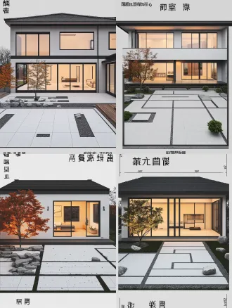 modern new chinese minimalist courtyard villa, zen garden, geometric stones, solitary maple tree with warm uplight, white/grey matte walls, dark metal eaves, black narrow-frame floor-to-ceiling glass, wooden deck, warm interior light glowing at dusk, serene atmosphere, architectural photography, 8k resolution, photorealistic