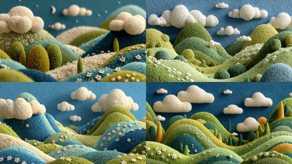 the dreamy and warm artistic style graphics adopt 3d felt craftsmanship texture. there are continuous green hills with white small flowers on the hills. the background is a blue sky with a few white clouds floating. it is full of the warm feeling of handcrafted art, with soft colors and a calm and natural atmosphere. the overall three-dimensional and soft effect creates a fairy-tale-like peaceful scene.