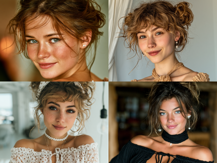 young european girl, composition, fresh style, indoor setting, telephoto lens, soft lighting, close-up, slight smile, light brown hair and skin, pearl accessories, off-shoulder top, elegant.