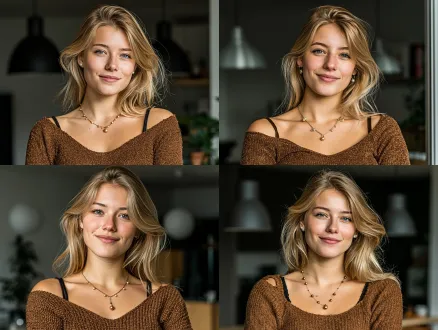 young european girl, composition, fresh style, indoor setting, telephoto lens, soft lighting, close-up, slight smile, light brown hair and skin, pearl accessories, off-shoulder top, elegant.