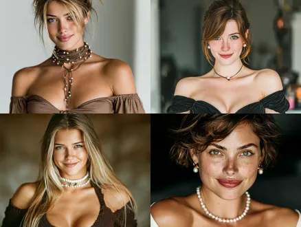 young european girl, composition, fresh style, indoor setting, telephoto lens, soft lighting, close-up, slight smile, light brown hair and skin, pearl accessories, off-shoulder top, elegant.