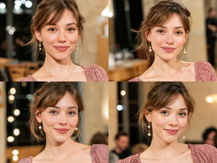 young european girl, composition, fresh style, indoor setting, telephoto lens, soft lighting, close-up, slight smile, light brown hair and skin, pearl accessories, off-shoulder top, elegant.