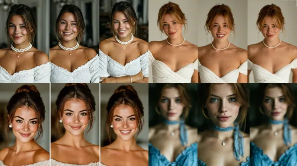 european young girl, composition in three parts, fresh style, indoor setting, telephoto lens, soft lighting, close-up, light brown hair and skin, pearl accessories, off-shoulder top, light smile, elegant.