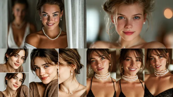european young girl, composition in three parts, fresh style, indoor setting, telephoto lens, soft lighting, close-up, light brown hair and skin, pearl accessories, off-shoulder top, light smile, elegant.