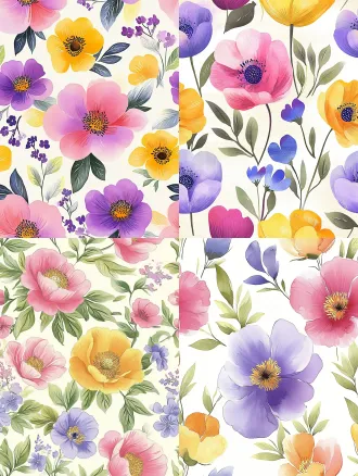 seamless hand-painted watercolor peony floral pattern, soft gouache brush strokes, smooth blurred edges, pale cream yellow background, scattered peony flowers in magenta pink, lavender purple, warm golden yellow, cornflower blue, light pink, paired with muted fresh green leaves, retro cottage textile print design, soft pastel color palette, no sharp outlines, evenly distributed elements, seamless repeating texture