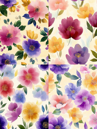 seamless hand-painted watercolor peony floral pattern, soft gouache brush strokes, smooth blurred edges, pale cream yellow background, scattered peony flowers in magenta pink, lavender purple, warm golden yellow, cornflower blue, light pink, paired with muted fresh green leaves, retro cottage textile print design, soft pastel color palette, no sharp outlines, evenly distributed elements, seamless repeating texture