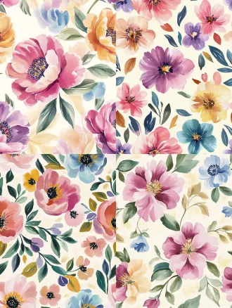 seamless hand-painted watercolor peony floral pattern, soft gouache brush strokes, smooth blurred edges, pale cream yellow background, scattered peony flowers in magenta pink, lavender purple, warm golden yellow, cornflower blue, light pink, paired with muted fresh green leaves, retro cottage textile print design, soft pastel color palette, no sharp outlines, evenly distributed elements, seamless repeating texture